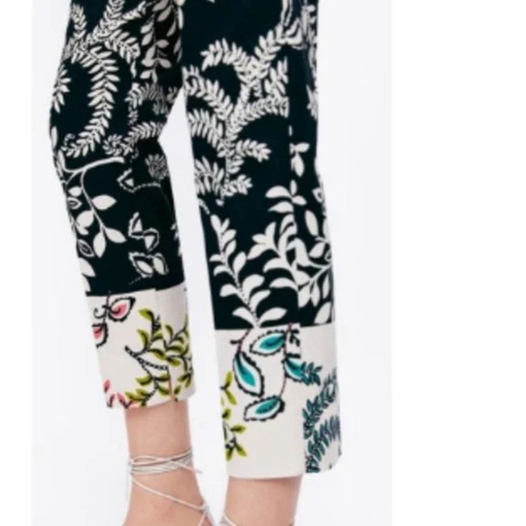 ZARA Printed Ankle Pants | Black Cream Tropical Floral | 97% Cotton Stretch | 2 - Picture 9 of 14